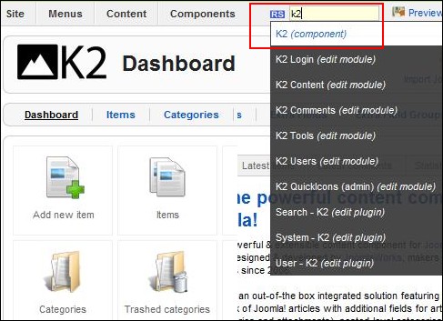 Search K2 items in the backend Joomla! panel